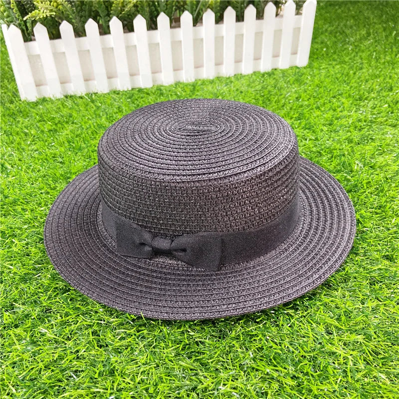 Summer New Women's Sun Hat Bucket cap Ribbon Flat top Straw Hats Beach Caps Panama Women Sun Hat Brim Bowknot  Straw Outdoor Hat