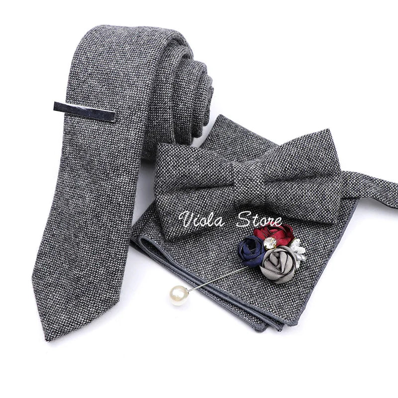 Top 50% Wool Soft 7cm Tie Bowtie Hankie Clip Brooch Sets Dusty Green Solid Classy Men Wedding Suit Daily Cravat Accessory Gift