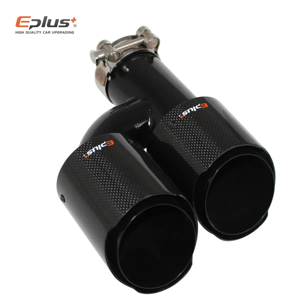 EPLUS Car Carbon Fiber Glossy Muffler Tip H Shape Double Exit Exhaust Pipe Mufflers Nozzle Decoration Universal Stainless Black