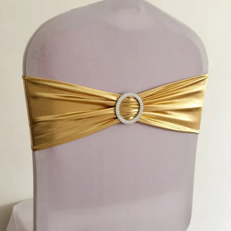 10pcs/50pcs Metallic Gold Silver Stretch Spandex Chair Bow Sash Band With Round Buckle For Banquet Event Wedding Chair Sash Tie