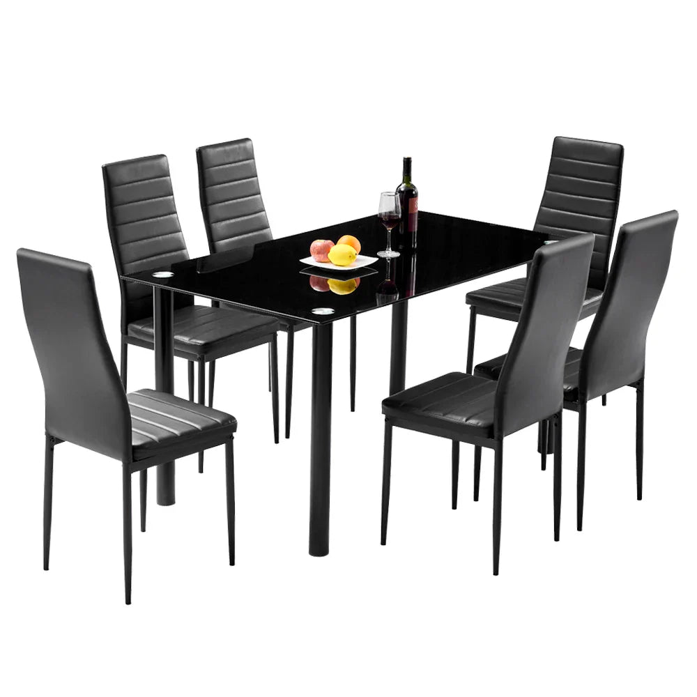 6-Seater Dining Table Chair Set Includes 1 Tempered Glass Dining Table + 6  High Backrest Dining Chairs Black[US-Depot]