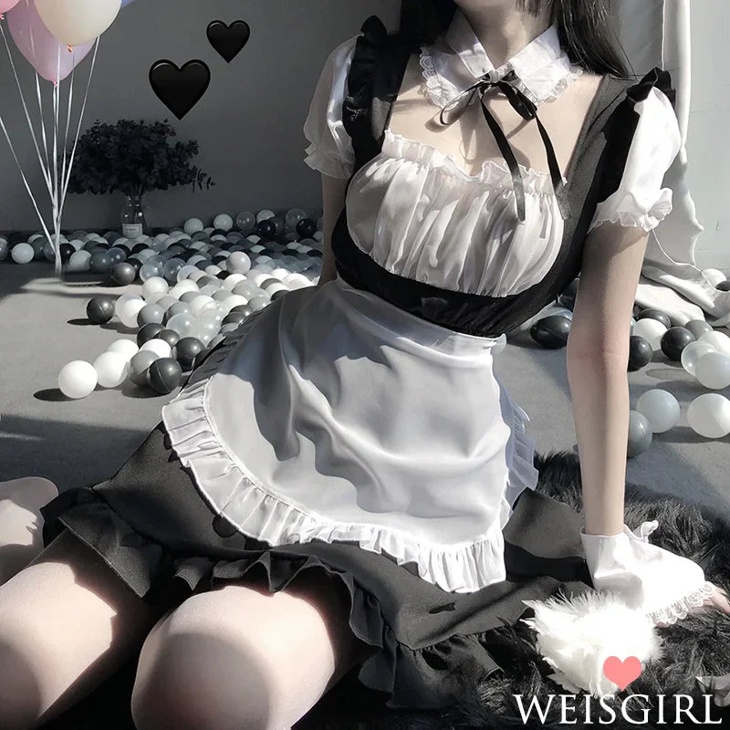 Sexy Nightdress Cute Lace Up Black and White Maid Dress Role Play Costume Transparent Chiffon Cosplay Anime Uniform Temptation