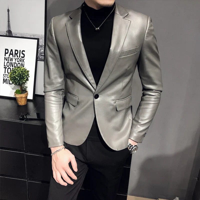 Men Suit Black Slim Fit Blazer Hombre PU Leather Jacket Male One Button Business Casual Prom Korean Suit Coat