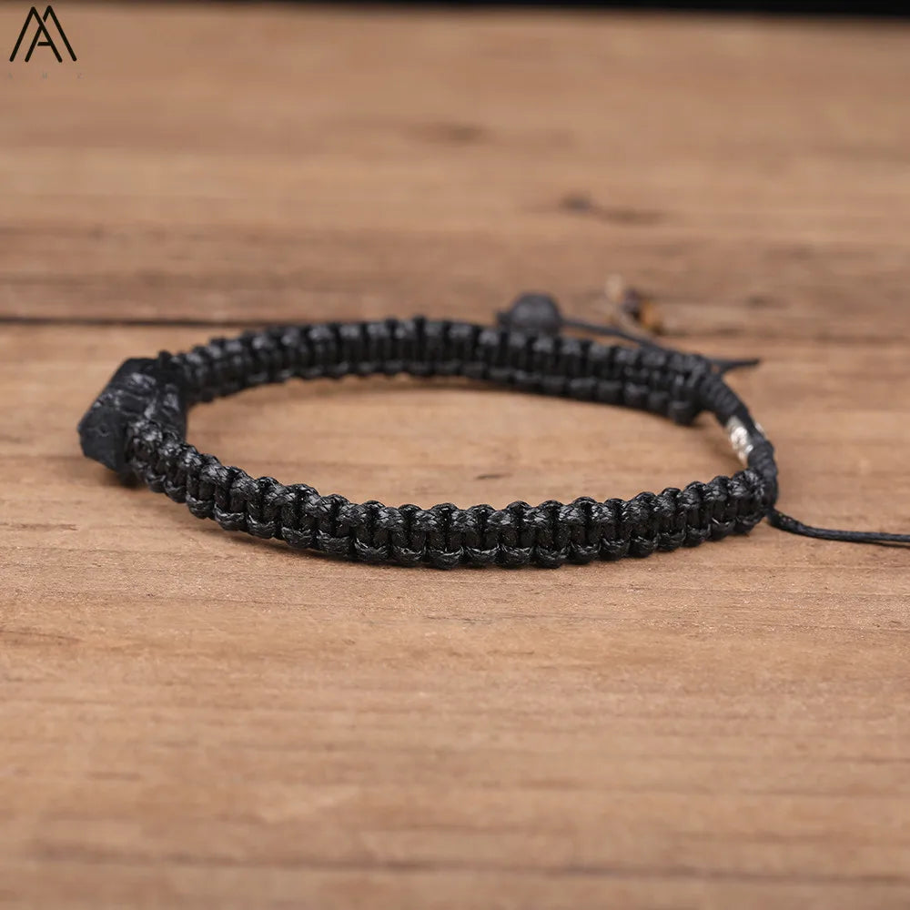 Natural Black Tourmaline Single Beads Woven Adjustable Bracelet Boho Women 6mm Black Lava Stone Beads Mala Bracelet N0383AMC