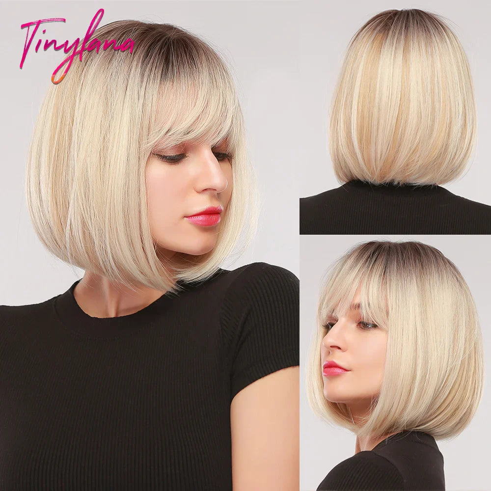 Brown Blonde Short Straight Synthetic Hair Wigs with Bangs for Women Golden Highlight Bob Wigs Cosplay Natural Heat Resistant