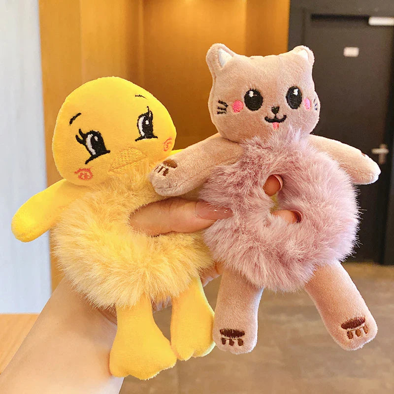 2pcs Plush Animal Scrunchie Set Elastic Hair tie Ponytail Rubber Band Accessories Kawaii Stuffed Cartoon Frog Cat Hair Rope Girl