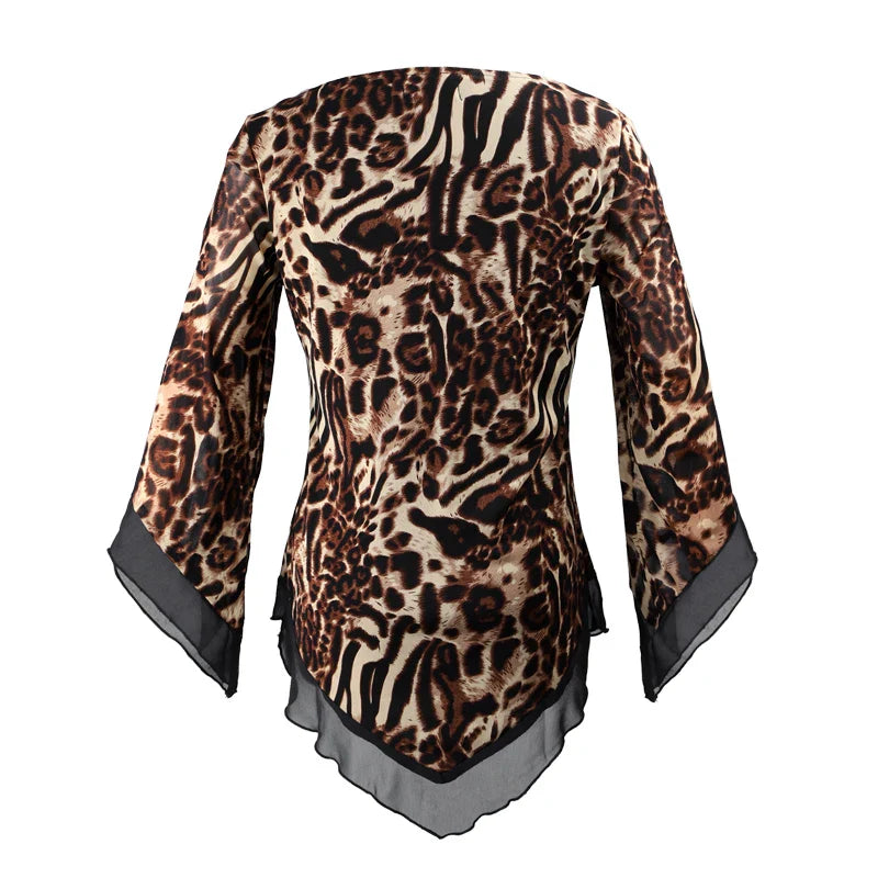 YTL Leopard Printed Mesh Irregular T Shirt Plus Size Women's Blouse Classical Elegant Stylish Tops H434