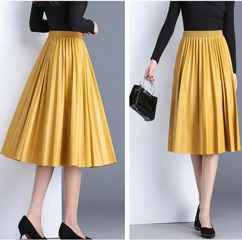 Neophil Ladies Black PU Fur Faux Leather Midi Skirt Thick Winter Pleated High Waist  Vintage Mid-calf Women Longa Saia S2010