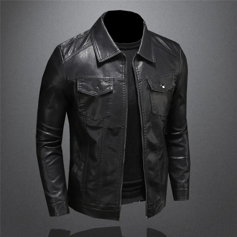 Men's Motorcycle Leather Jacket Large Size Pocket Black Zipper Lapel Slim Fit Male Spring and Autumn High Quality Pu Coat M-5Xl