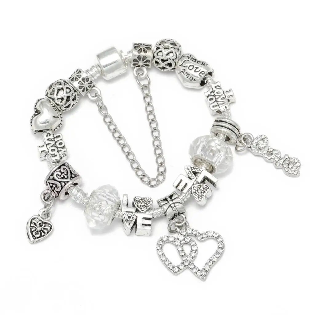 Seialoy Silver Plated Heart Key Pendant Charm Bracelets For Women Original Girls Princess Crown Beaded Bracelet Wife Jewelry