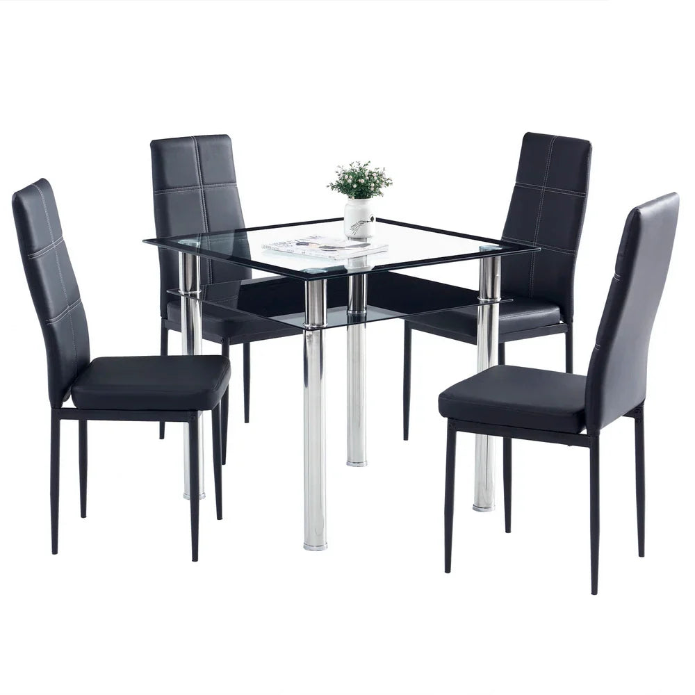 Double-layer Square Tempered Glass Stainless Steel Cylindrical Leg 80*80*75cm Dining Table Set or 4pcs Dining Chairs