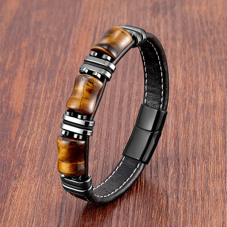 Natural Stone,Tiger Eye Bracelet,Black Leather Rope Chain,Men Bracelet,Stainless Steel Bracelet,Women Fashion Jewelry,Wholesale