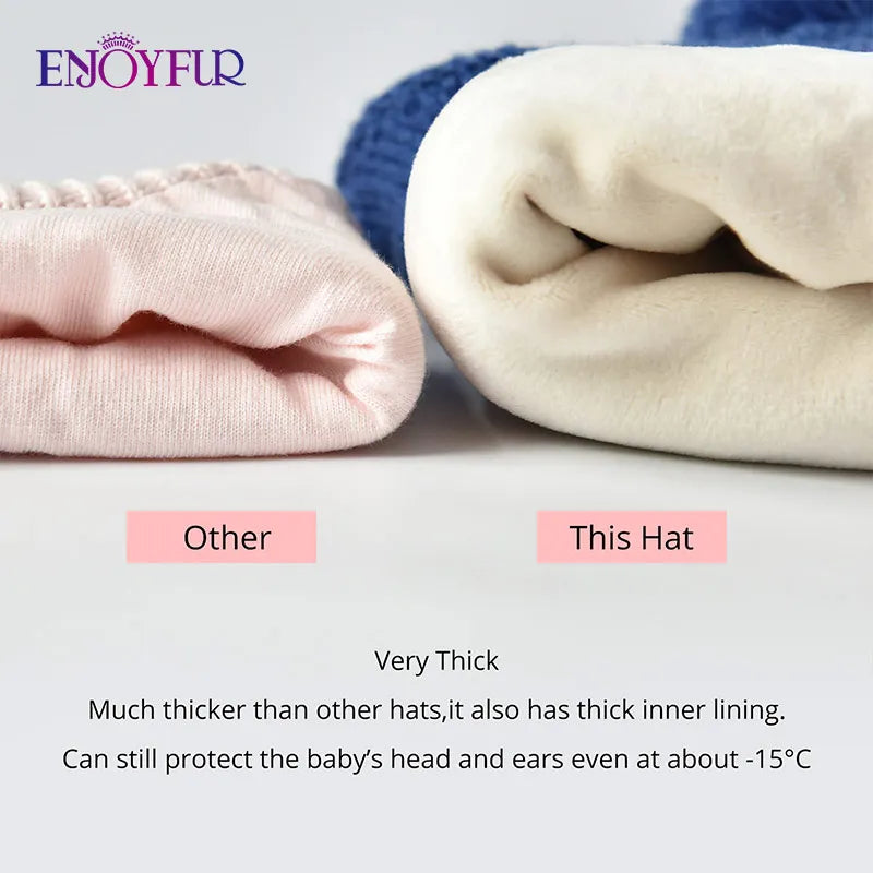 ENJOYFUR Warm Winter Baby Knitted Hats Real Fur Pompom Fleece lined Boy Caps Cute Thick Kids Elastic Earflap Outdoor Ski Beanies