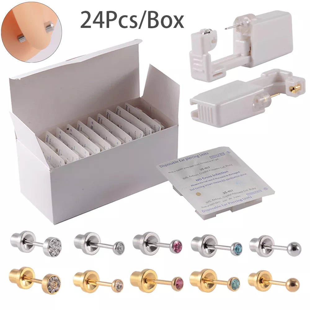 24pcs/Box NO PAIN Piercer Tool Machine Kit Stud Disposable Sterile Ear Piercing Unit Cartilage Tragus Helix Piercing Gun Jewelry