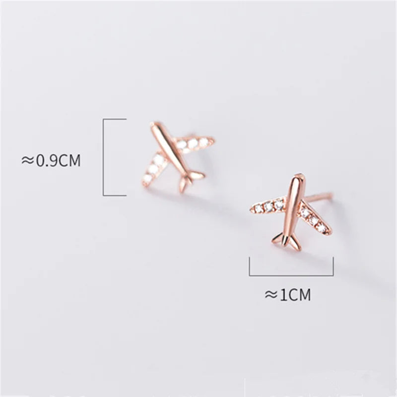 WANTME Real 925 Sterling Silver Pave Zircon Mini Aircraft Airplane Small Stud Earrings for Fashion Women Jewelry Accessories