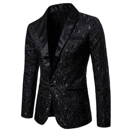 Gold Jacquard Bronzing Floral Blazer Suit Mens Single Button Blazer Jacket Wedding Dress Party Stage Singer Costume