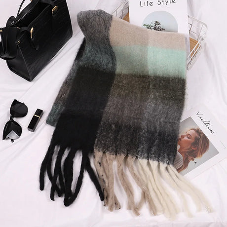 Luxury Brand Women Plaid Scarf Winter Warm Pashmina Shawls Cashmere Thick Wrap Lady Tassel Scarves Rainbow Hairy Bufanda