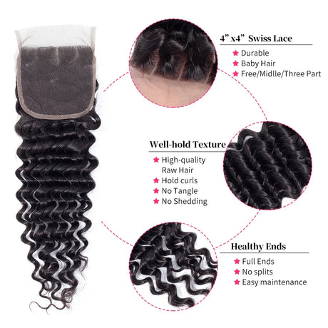 Gabrielle Deep Wave Closure Brazilian Human Hair 4x4 Lace Closure Pre-Plucked with Baby Hair Natural Black Closures Only