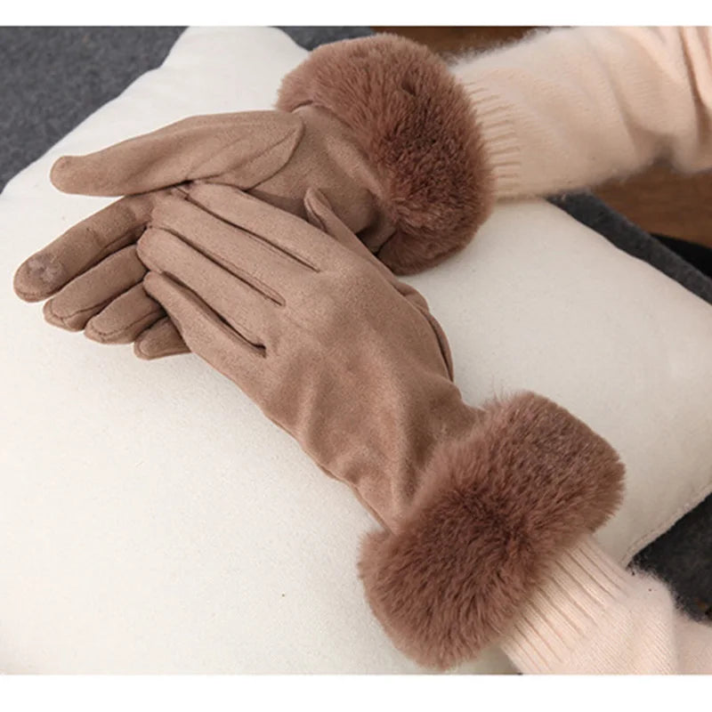 Women Faux Rabit Fur Wrist Suede Leather Touch Screen Driving Glove Winter Warm Plush Thick Full Finger Cycling Black Mitten H92