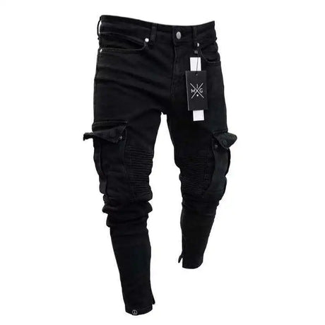 Men Slim Biker Ripped Long Denim Trousers Skinny Jeans pocket Young Man Jogging Pants Destroyed Stretchy-Black Pants