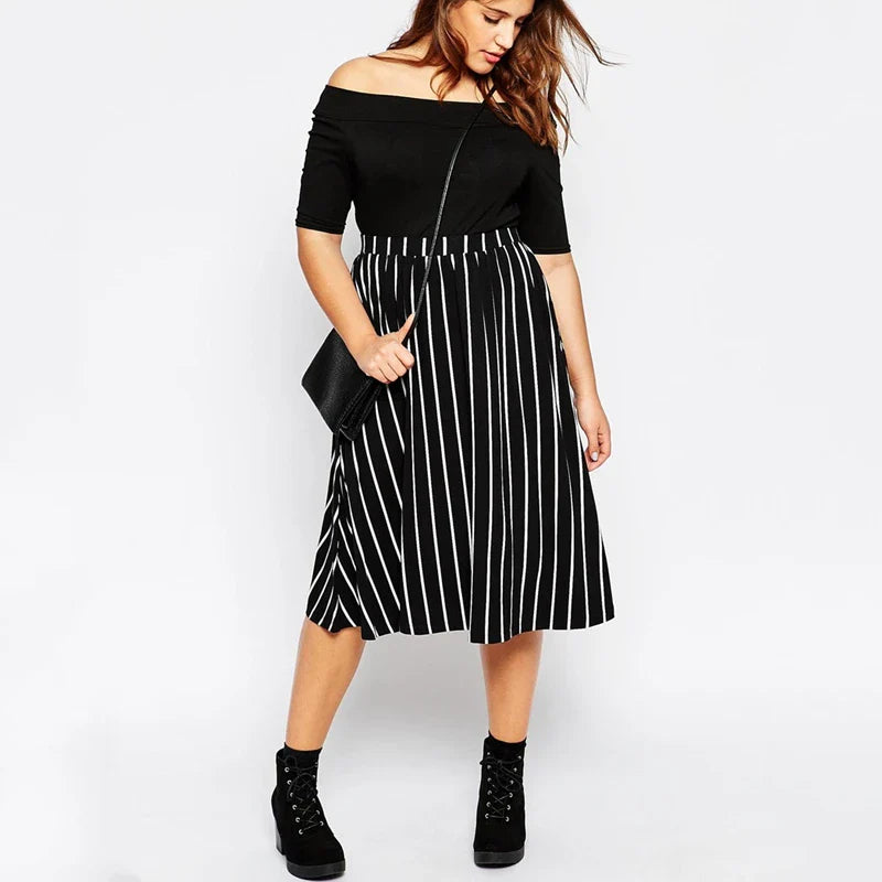 Plus Size High Elastic Waist Casual Striped Skirt Black And White Summer Spring Elegant Fashion A-line Midi Skirt 5XL 6XL 7XL 8X