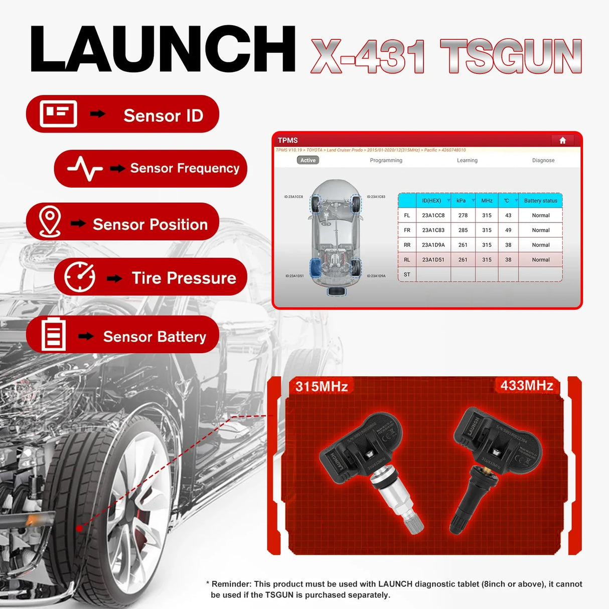 LAUNCH X431 TSGUN Tire Pressure Sensor Inspection Tool Handheld Terminator TPMS Programming Activate For X431 V/V+/Pro3s+/Pro3s