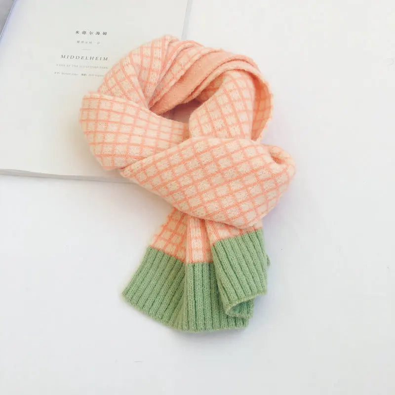 Korean Style New Winter Kid Knitted Wool Plaid Scarves Thicken Warm Children Shawl Patchwork Neckerchief