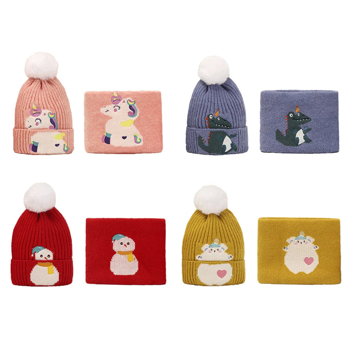 Children’s Hat Set 2021 Autumn And Winter Dinosaur Unicorn Baby Knitting Cap Cartoon Scarf Warm Wool Cap