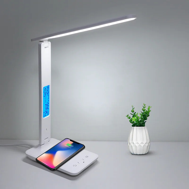 Hot QI Wireless Charging LED Desk Lamp 10W With Calendar Temperature Alarm Clock Eye Protect Reading Light Table Lamp LAOPAO