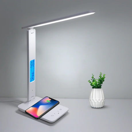 Hot QI Wireless Charging LED Desk Lamp 10W With Calendar Temperature Alarm Clock Eye Protect Reading Light Table Lamp LAOPAO