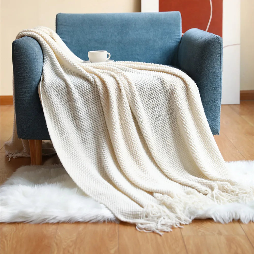 Textile City Corn Grain Waffle Embossed Knitted Blanket Home Decorative Thickened Winter Warm Tassels Throw Bedspread 130x240cm