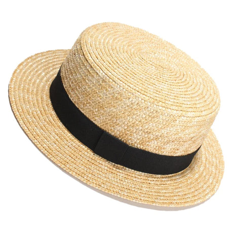 RH Natural Wheat Straw Boater Fedora Top Flat Hat Women Summer Beach Flat Brim Cap With Bowknot Ribbon For Holiday Party