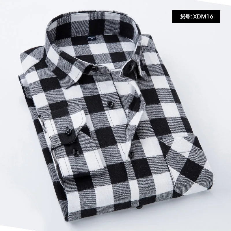 Quality Flannel Plaid Men Shirt Cotton Spring Autumn Casual Long Sleeve Dress Shirts Soft Comfort Slim Fit Button Down Clothes