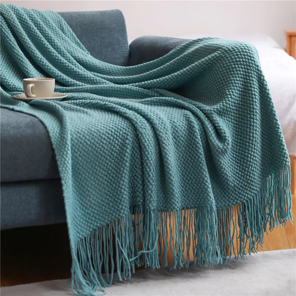 Textile City Corn Grain Waffle Embossed Knitted Blanket Home Decorative Thickened Winter Warm Tassels Throw Bedspread 130x240cm