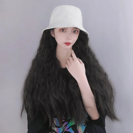 AS  Syntheti Curly hair Lamb wool fisherman hat Berets  Wig Natural Black Straight Wigs Naturally Connect Synthetic Hat Wig Adju