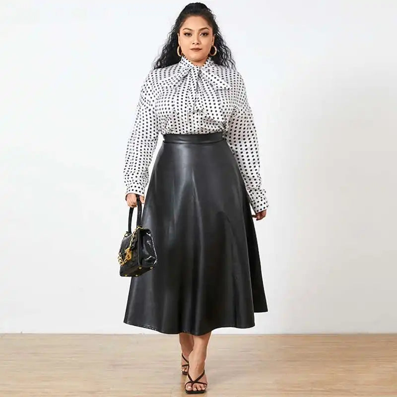 Plus Size Party Midi Skirt 2023 Autumn Women Solid Winter PU Leather Skirts Celmia Office Retro Long Skirts High Waist OL Skirt