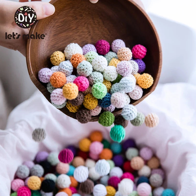 Let's Make 100Pcs Crochet Beaded Wood Teether 16mm Round Baby Wooden Teether Crochet Toys Braided Teething Beads Baby Oral Care