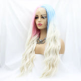 Cosplay Synthetic Lace Front Wig Platinum Blonde Ombre Half Pink Half Blue Curly Body Water Wave Frontal Wigs For Black Women