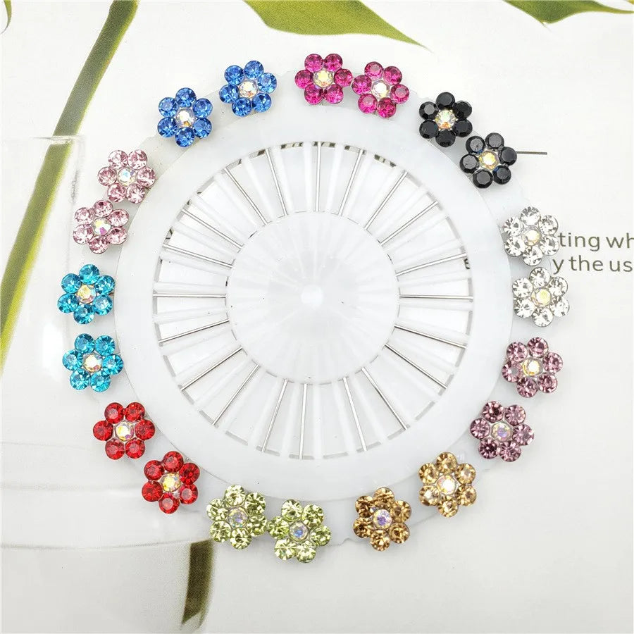 Multicolor Crystal Rhistones Flower Brooch Muslim Islamic Hijab Scarf Abaya Fixed Pins Fashion Jewelry Women's Accessories