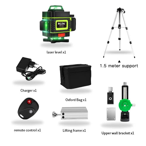 HILDA 12/16 Lines 3/4D Laser Level Level Self-Leveling 360 Horizontal And Vertical Cross Super Powerful Green Laser Level