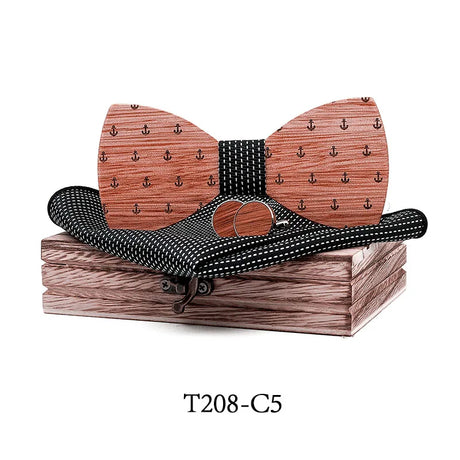 Adjustable Walnut Wooden Bow Tie For Men Pocket Square Cufflinks Brooch Set And Wood Box Suit Wedding Novelty Neck Ties anchor