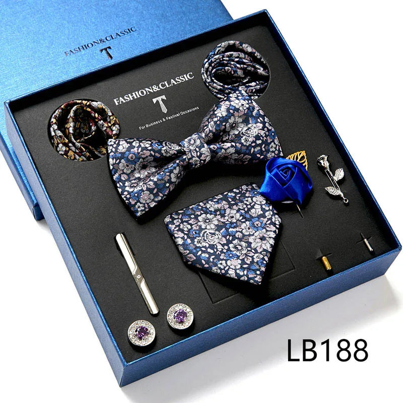 Holiday Gift Box Tie For Men 7.5 cmTie Hanky Pocket Squares Cufflink Set Bow Tie Clip Necktie Box Purple hombre Geometric Office