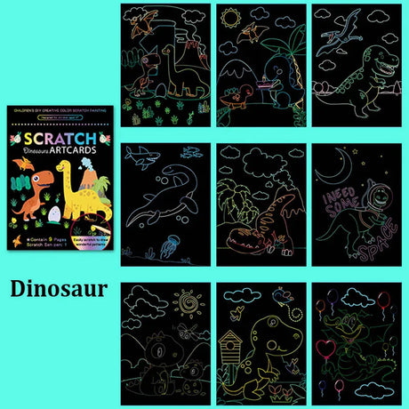 1Set Magic Color Rainbow Dinosaur  Cartoon Scratch Art Painting Paper Card Kit Drawing Stick Kids DIY Drawing Toys