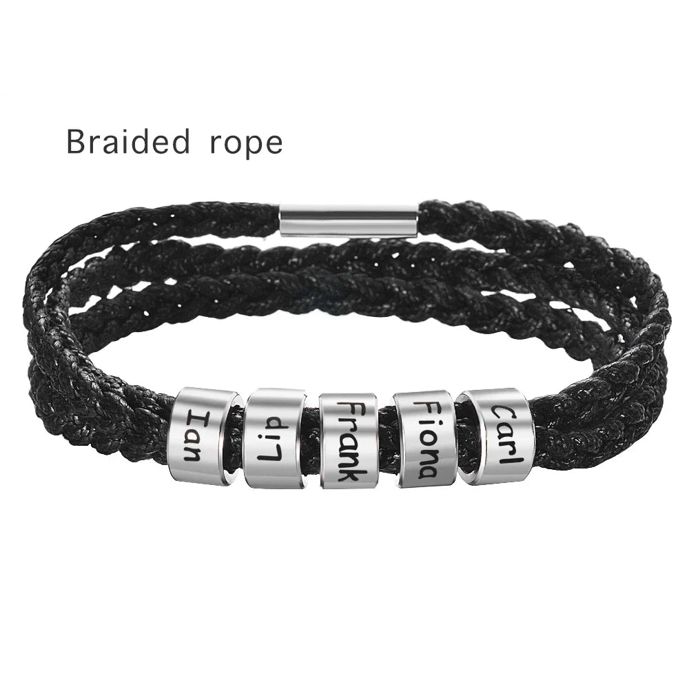 Custom Family Names Bracelet for Men Personalized Braided Leather Bracelets Stainless Steel Beads Charm Bangle Father's Day Gift