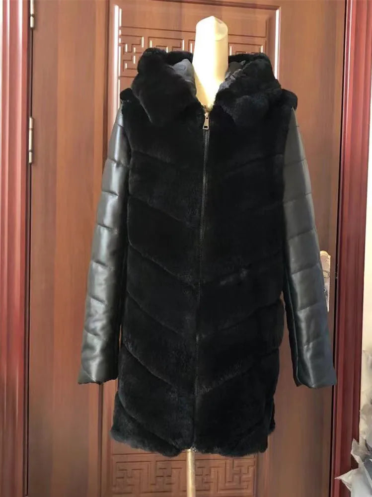 rabbit fur coat rabbit fur jacket Stand collar imported rex rabbit coat stripes rex rabbit fur coat high quality natural fur