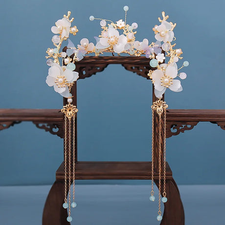 Chinese Hanfu Hair Accessories Set Long Fringed Vintage Hairpins Flower Handmade Hair Sticks For Women Traditional Retro Jewelry