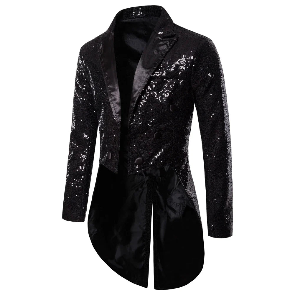 Men’ s Suit, Sequins Turn-Down Collar Long Sleeve Swallow-Tailed Coat for Men, S/M/L/XL/XXL