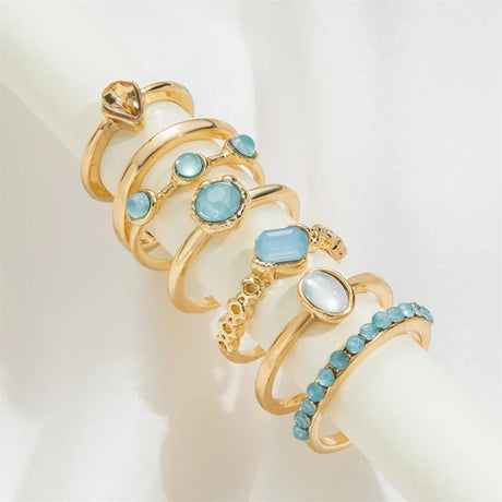 Korean Colorful Stone Rings Set for Women Girls Trendy Metal Chain Geometric Square Round Rings Jewelry Gifts 2021 Accessories