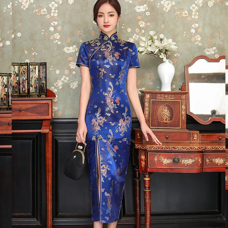 Sexy New Brocade Satin Long Fork Cheongsam Chinese Classic Women's Qipao Elegant Short Sleeve Novelty Wedding Evening Dress 4XL