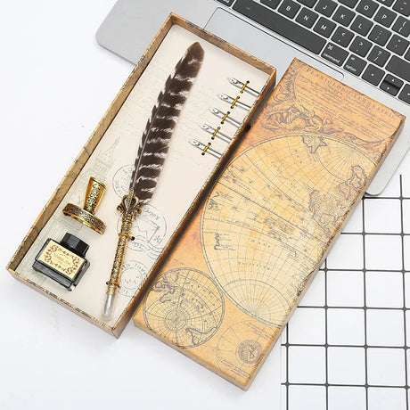 New and unique! Natural peacock feather dip pen set writing ink luxury box customizable LOGO Christmas gift